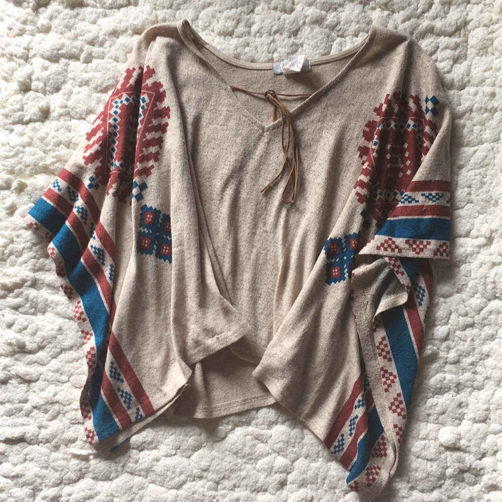 Toska Beige Boho Batwing Top with Blue and Red Aztec Accents